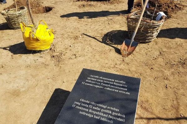 В память о сгоревших в автобусе узбекистанцах в Астане высадили 52 дерева В память о сгоревших в автобусе узбекистанцах в Астане высадили 52 дерева - Sputnik Узбекистан