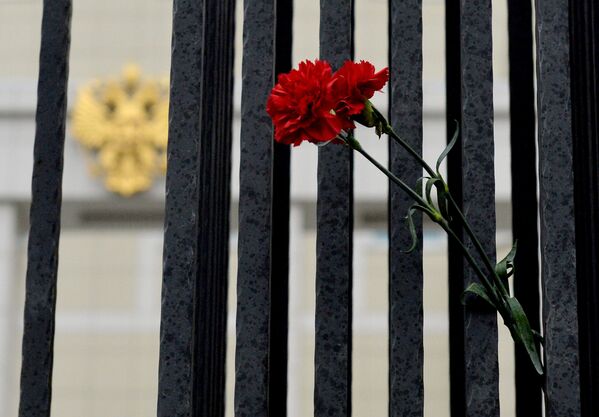 Цветы в память о жертвах крушения Airbus A321 у посольств РФ в зарубежных странах - Sputnik Узбекистан