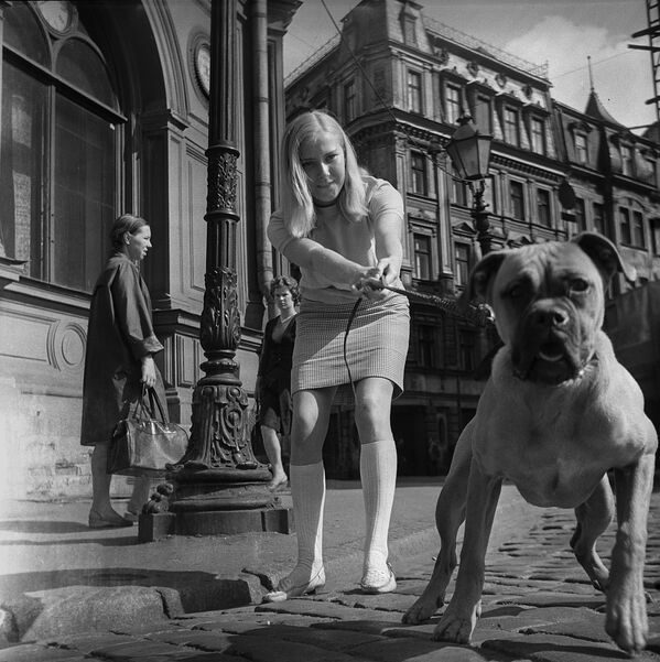 Девушка с собакой на улице Риги, Латвийская ССР. 1968 год - Sputnik Узбекистан